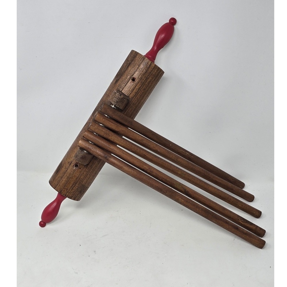 Vtg primitive five arm wooden rolling pin swivel wall towel rack farmhouse